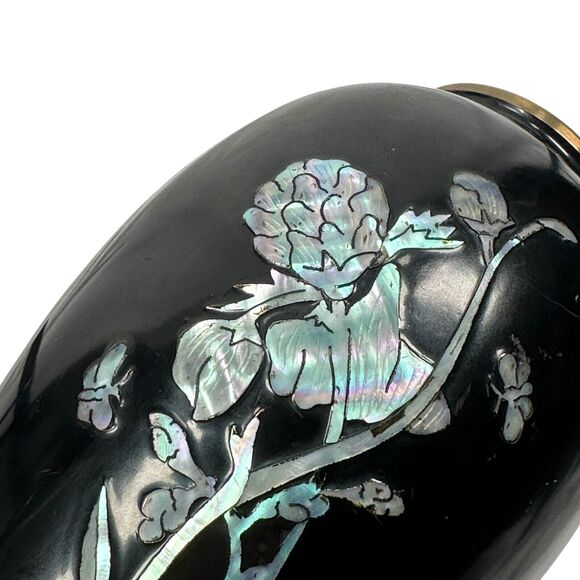 Vintage Asian Vase Enamel Over Brass with Mother of Pearl Inlay Flower Floral 6" - Picture 5 of 8